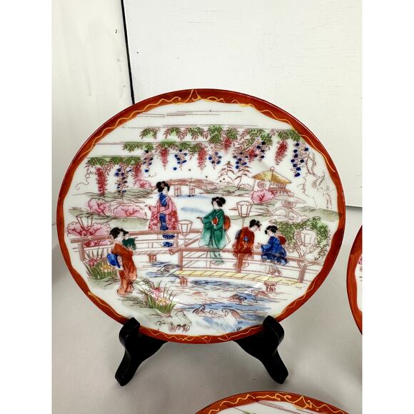 Japanese Antique China Three & Ins. Plates Geisha Floral Structures 1921-1941 - Picture 6 of 7